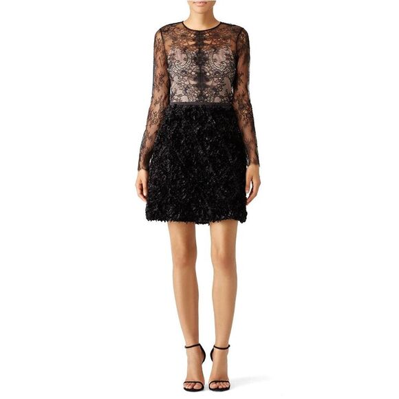 nha khanh Angelica Lace Swan Long Sleeve Crewneck Mini Dress Black 0 - Picture 1 of 10